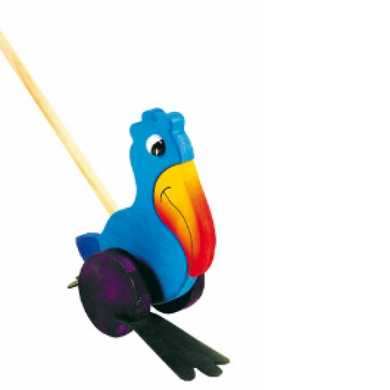 Drevený vtáčik na palici určený na tlačenie dieťatkom