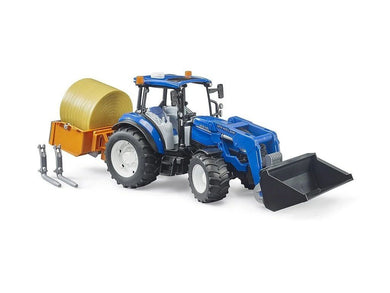 Bruder_Traktor_New_Holland_T5.120_s čelným_nakladačom_korbou_vidlami_a okrúhlym_balíkom
