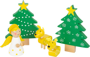 Vianoce v lese - drevené figúrky mikuláš, anjel, stromček