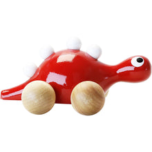 Drevený dinosaurus na kolieskach červený 3