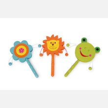 Set 3 drevených hrkálok s rastlinným a zvieracím motívom