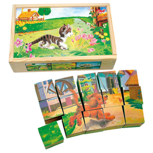 Drevené obrázkové kocky domáce zvieratká 15 dielov