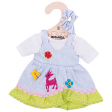Modré bodkované šaty s jeleňom pre bábiku 28 cm